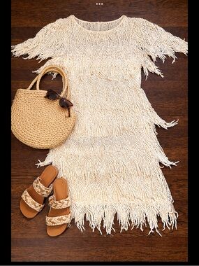 SAMAX Cream Crochet Fringe Mini Dress Lined Boho Coastal Resort Festival